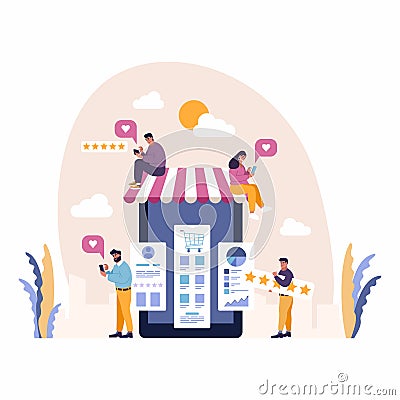 Excellent user experience customer satisfaction concept with people enjoy mobile shopping and share five star reviews. Positive Cartoon Illustration