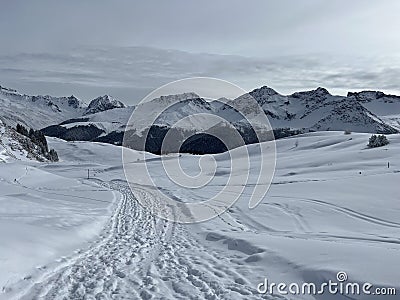 Excellently arranged and cleaned winter trails for walking, hiking, sports and recreation in the area of the resort of Arosa Stock Photo