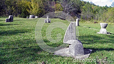 Exceptional monument Glagolitic Lane or memorial with eleven individual monuments Glagolitic Alley - Hum, Croatia Editorial Stock Photo