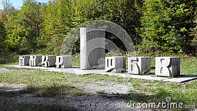 Exceptional monument Glagolitic Lane or memorial with eleven individual monuments Glagolitic Alley - Hum, Croatia Editorial Stock Photo