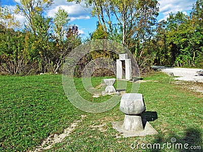 Exceptional monument Glagolitic Lane or memorial with eleven individual monuments Glagolitic Alley - Hum, Croatia Editorial Stock Photo