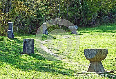 Exceptional monument Glagolitic Lane or memorial with eleven individual monuments Glagolitic Alley - Hum, Croatia Editorial Stock Photo