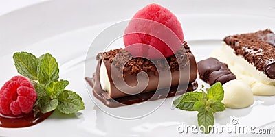 An amazing treat: white and dark chocolate cannelloni with delicate mascarpone mousse and juicy raspberries Stock Photo