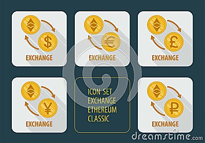 Exchange cryptocurrency Ethereum Classic for different currencies against on a white background Editorial Stock Photo
