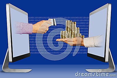 Exchange electronic money for cash concept, two hands from displays. hand with credit card and coins. 3d illustration Cartoon Illustration