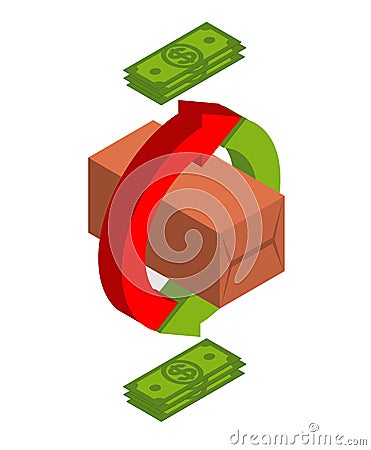 Exchange goods for money. Dollar and commodity. Financial relations. Buy and sell. Vector Illustration