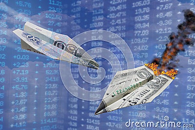 Exchange rate illustration. Strong ruble rate hits dollar like one war paper plane hits another. Ruble vs dollar. Russian currency Cartoon Illustration