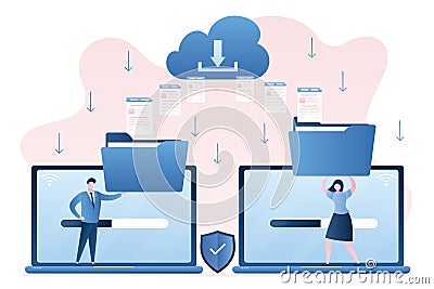 Exchanging files. Two modern laptops, people holding folders. Clouds technology concept Vector Illustration