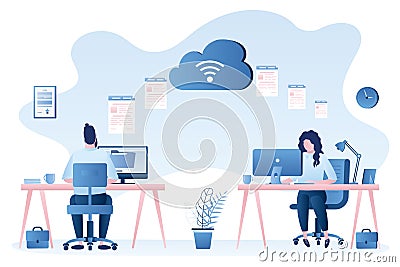 Exchanging files. Two modern workplace, businesspeople upload and download documents Vector Illustration