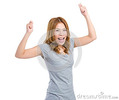 Excite woman raise hand up Stock Photo