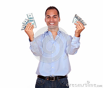 Excited adult man holding cash money Stock Photo