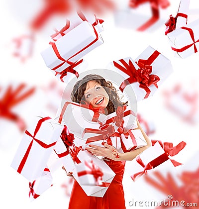 Excited attractive woman with many Stock Photo