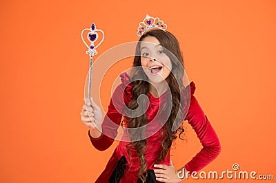 Excited baby. Halloween holiday. Magical transformation. Imagine. Magic trick. Magic stick concept. Cute kid doing magic Stock Photo