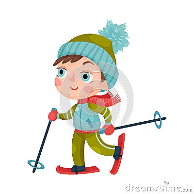 Excited Boy Character in Winter Sportswear Skiing Vector Illustration Vector Illustration