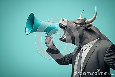 excited bull making an announcement loudly created with Generative AI technology Stock Photo