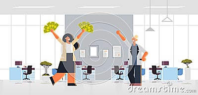 Excited businesswoman holding raised dollar cash money rich business women couple standing together financial success Vector Illustration