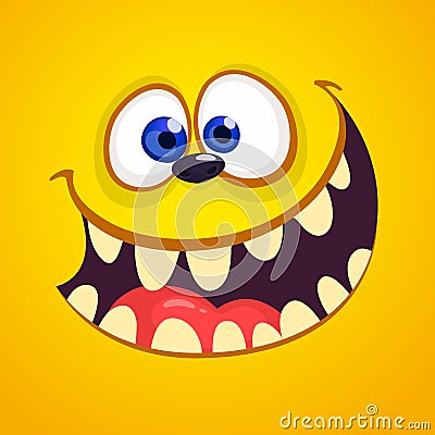 Excited cartoon monster face avatar. Vector Halloween orange monster with big mouth full of teeth Vector Illustration