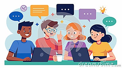 Excited chatter can be heard as a group of students participate in a live coding session discussing different coding Vector Illustration