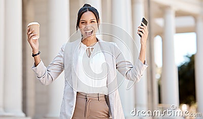 Excited, coffee and business woman with phone for motivation, happy communication and notification in city of Germany Stock Photo