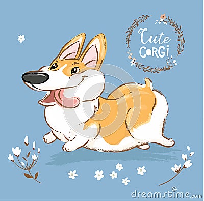 Excited Corgi Dog Run Tongue Out Vector Poster. Happy Fox Pet Character Walk Outdoor in Flowers. Little Funny Welsh Vector Illustration