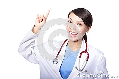 Excited doctor woman finger point Stock Photo