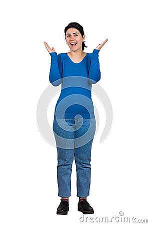 Excited emotive girl smiles broadly, spreads hands or applause, full length portrait against white, expresses positive emotions. Stock Photo