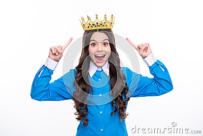 Excited face. Girls party, funny kid in crown. Child queen wear diadem tiara. Cute little princess portrait. Amazed Stock Photo