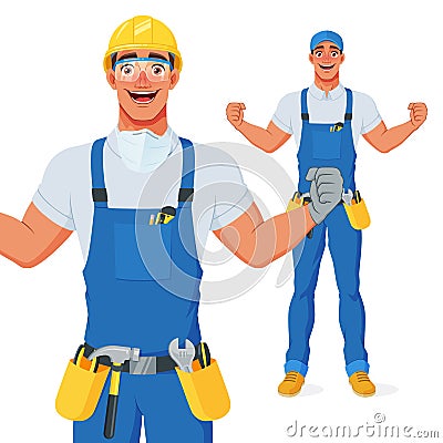Excited handyman in hard hat and protective eyewear celebrating success with raised arms. Cartoon vector character. Vector Illustration