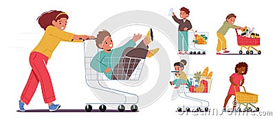 Excited Kids With Supermarket Trolley. Characters Giggling, Picking Snacks And Pretending To Shop. Fun-filled Experience Vector Illustration