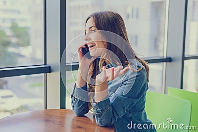 Excited laughing pretty woman sitting in a cafe, she is talking on phone and gossiping with her best friend. Emotion expressing ca Stock Photo