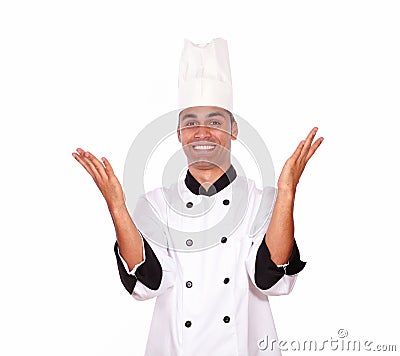 Excited male chef standing with hands up Stock Photo
