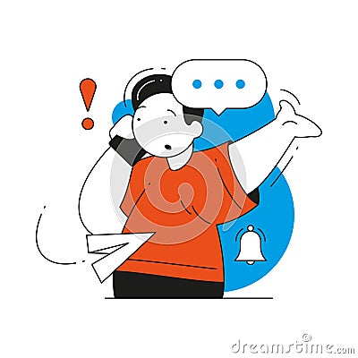 Excited male customer call to helpline service asking aid having problem vector flat illustration Vector Illustration