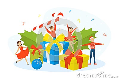 Excited Male and Female Among Wrapped Gift Boxes Cheering About New Year Holiday Vector Illustration Vector Illustration