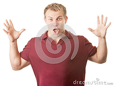 Excited Man with Hands Up Stock Photo