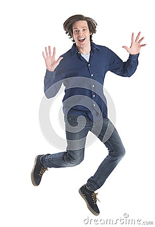 Excited Man Jumping Against White Background Stock Photo