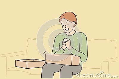 Excited man unpack order at home Vector Illustration