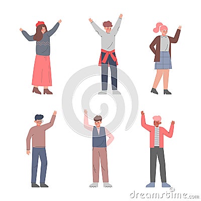 Excited Man and Woman with Raised Up Hands Cheering About Something Vector Set Vector Illustration