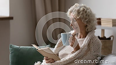 Excited middle aged elderly granny enjoying weekend hobby time. Stock Photo