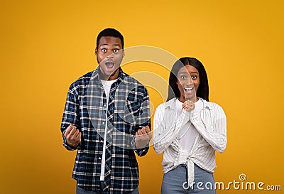 Excited millennial african american couple in love with wide open eyes and mouths, expresses emotions of victory Stock Photo