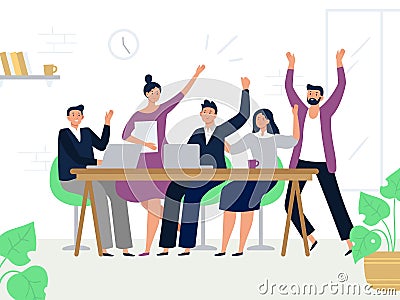 Excited office workers team. Successful managers, happy professional work group and colleagues rejoicing together. Teamwork flat Vector Illustration