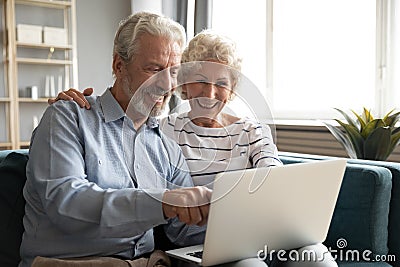 Excited older couple reading good news, using laptop together Stock Photo