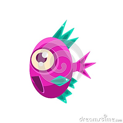 Excited Pink Fantastic Aquarium Tropical Fish With Spiky Turquoise Fins Cartoon Character Vector Illustration