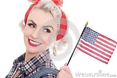 Excited retro woman celebrates 4th July, isolated on white Stock Photo