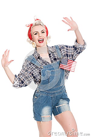 Excited retro woman celebrates 4th July, isolated on white Stock Photo
