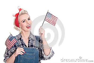 Excited retro woman withUSA flags, space for text, isolated Stock Photo