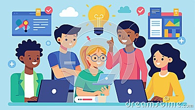 Excited students collaborate on a coding project brainstorming and problemsolving together to create a functional app Vector Illustration