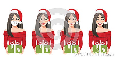 Excited surprised woman in Santa Claus hat holding stack presents cartoon character Vector Illustration