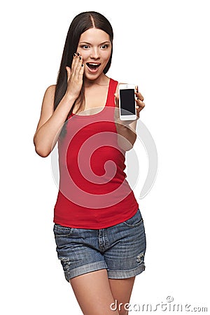 Excited surprised woman showing cell phone Stock Photo