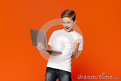 Excited teen boy using laptop computer, celebrating success Stock Photo