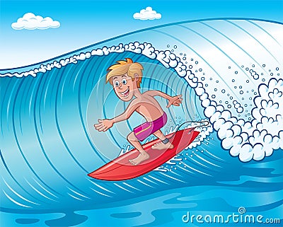 Excited Teenage Boy Surfing On A Wave Stock Photo